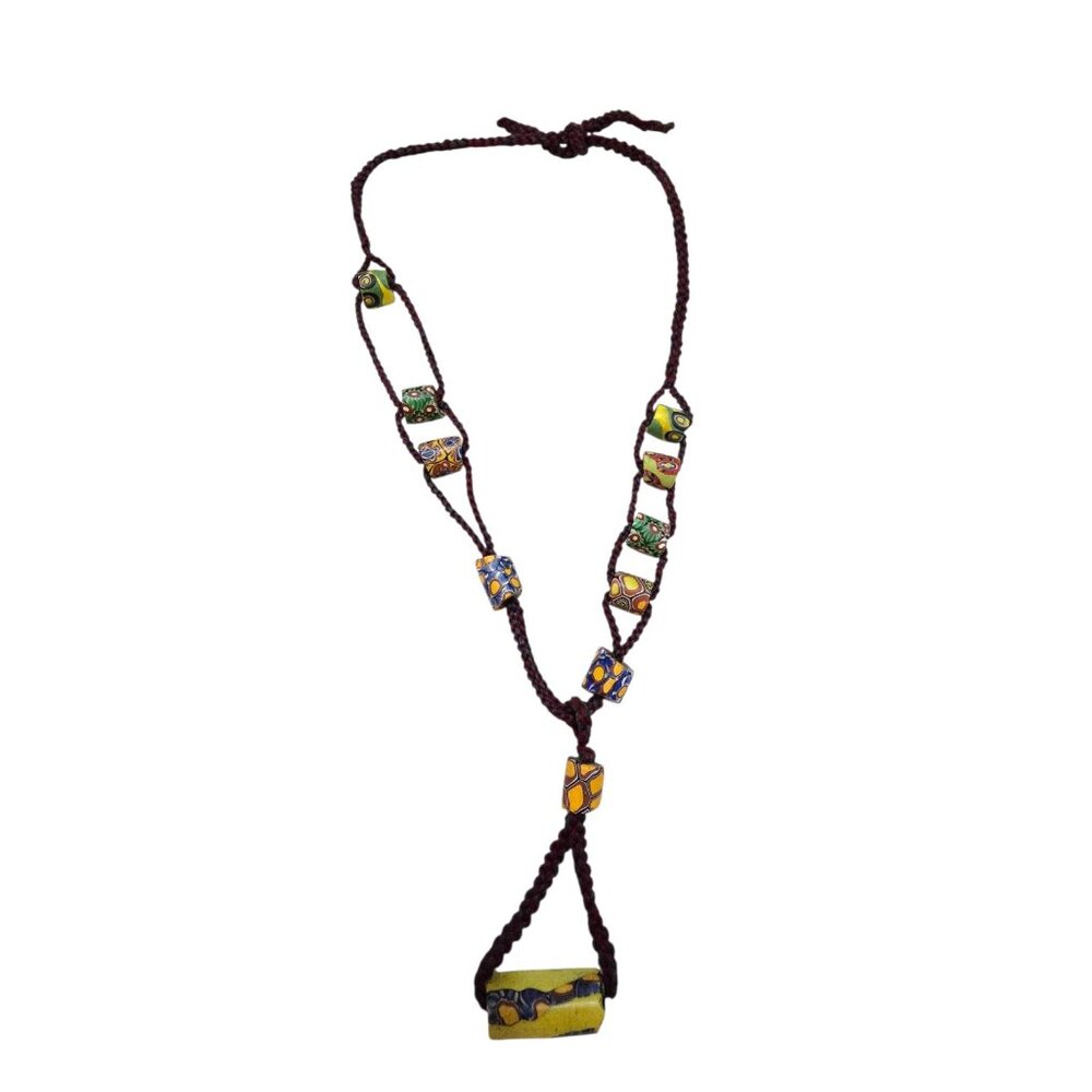 Vintage Double Cord African Clay Slave Beaded Necklace (A9054)